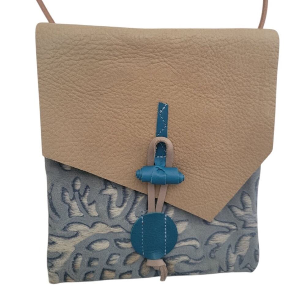 Artisan Handcrafted Leather and Fur Crossbody Bag with Blue‎ Toggle Closure